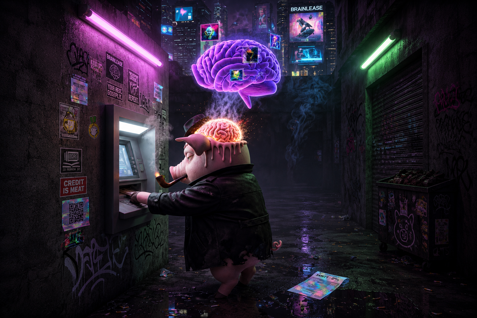 A pig standing at a neon alley ATM beneath a glowing brain