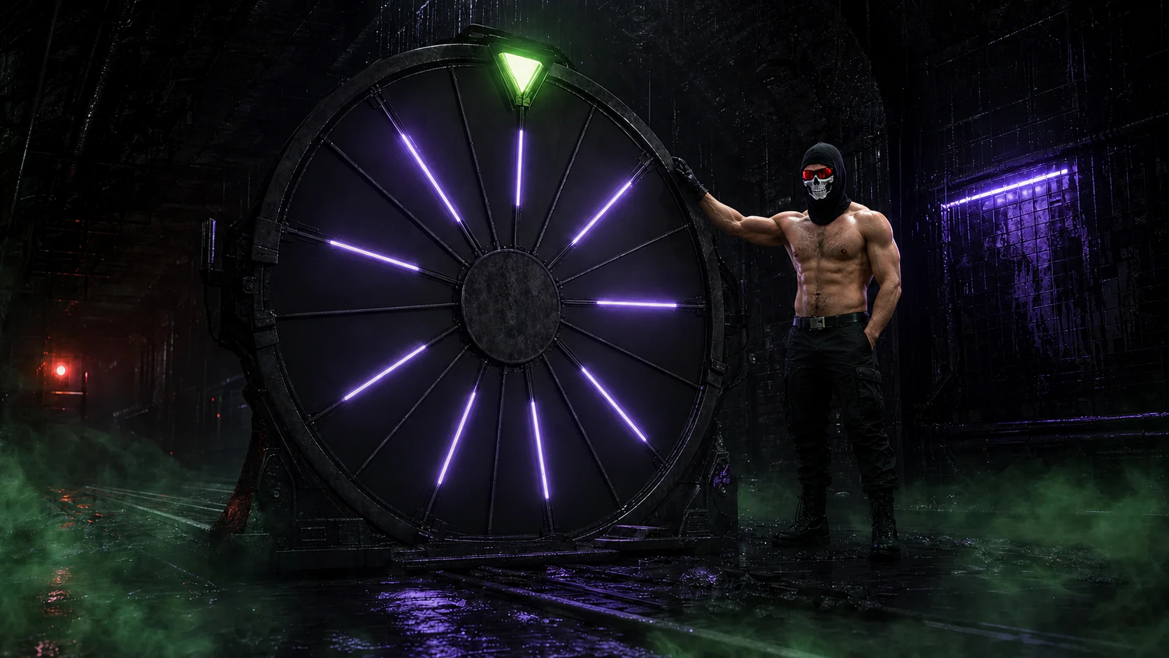 Master Xsire standing beside a purple-lit vault wheel