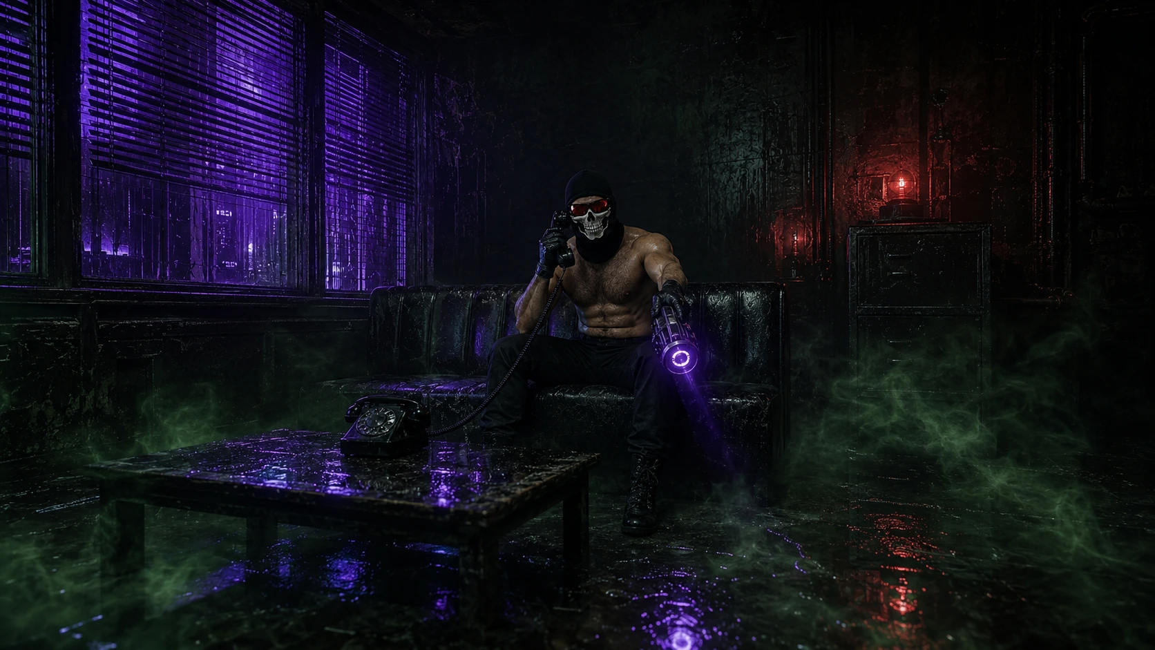 Master Xsire holding a purple signal light in a neon room