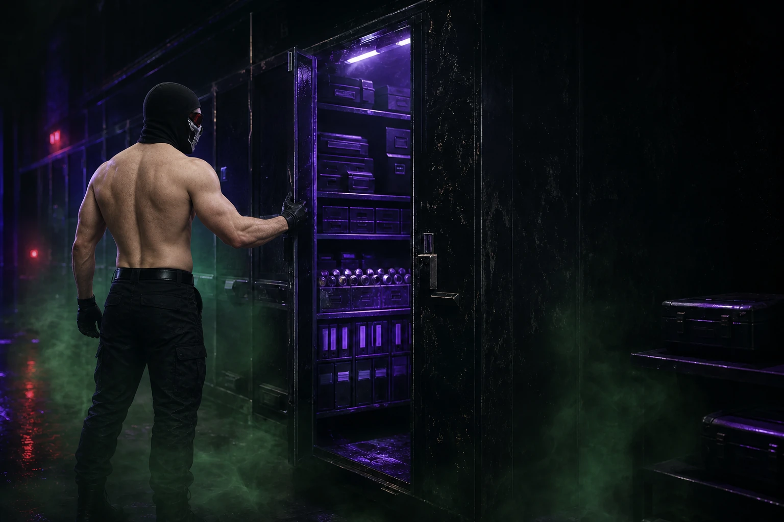 Ultraviolet vault lockers in an underground corridor